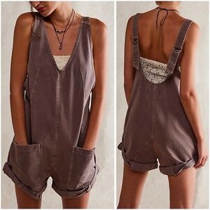 We The Free High Roller Shortall Size M Brown Denim Cotton Overalls Free People